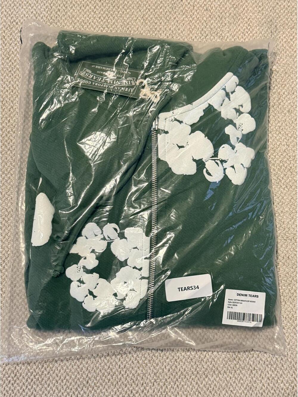 NWT Authentic Adult XL Denim Tears Green Cotton Wreath Zip-Up Hoodie